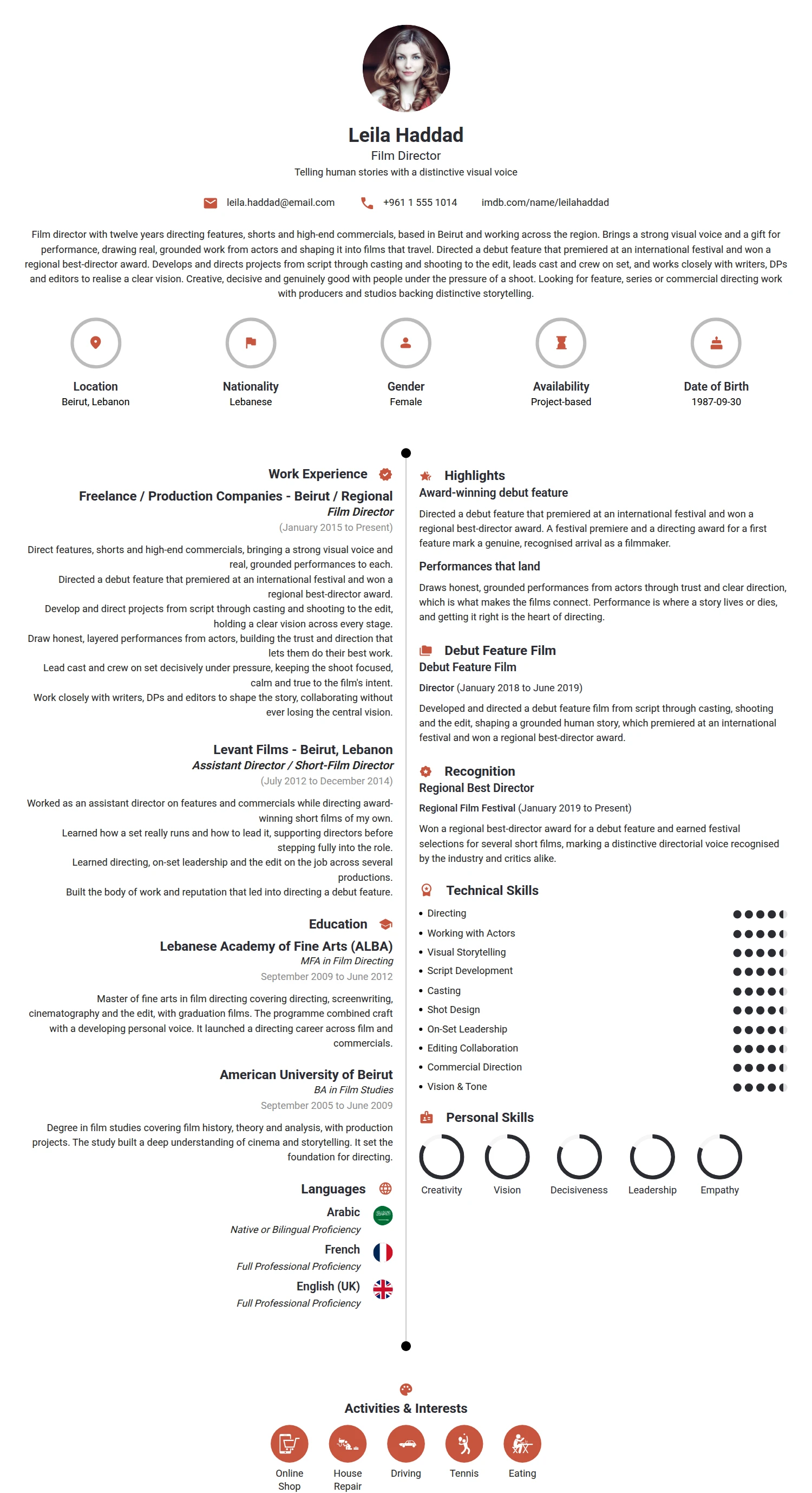 Film Director resume example — a professionally formatted Media/Journalism CV sample