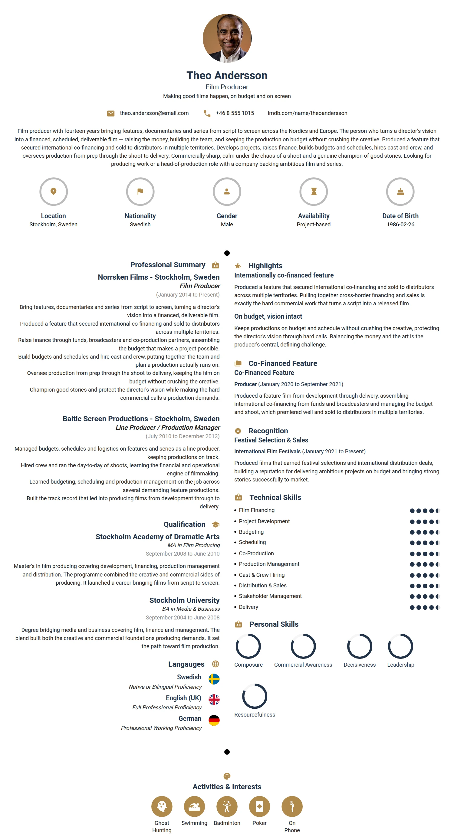 Film Producer resume example — a professionally formatted Media/Journalism CV sample