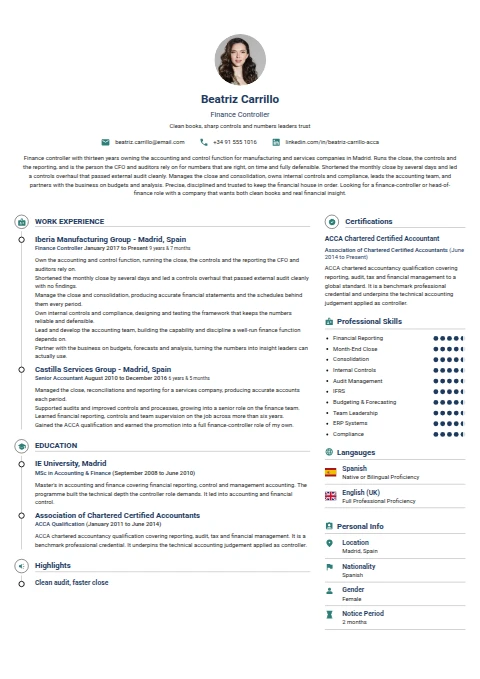 Finance Controller resume example