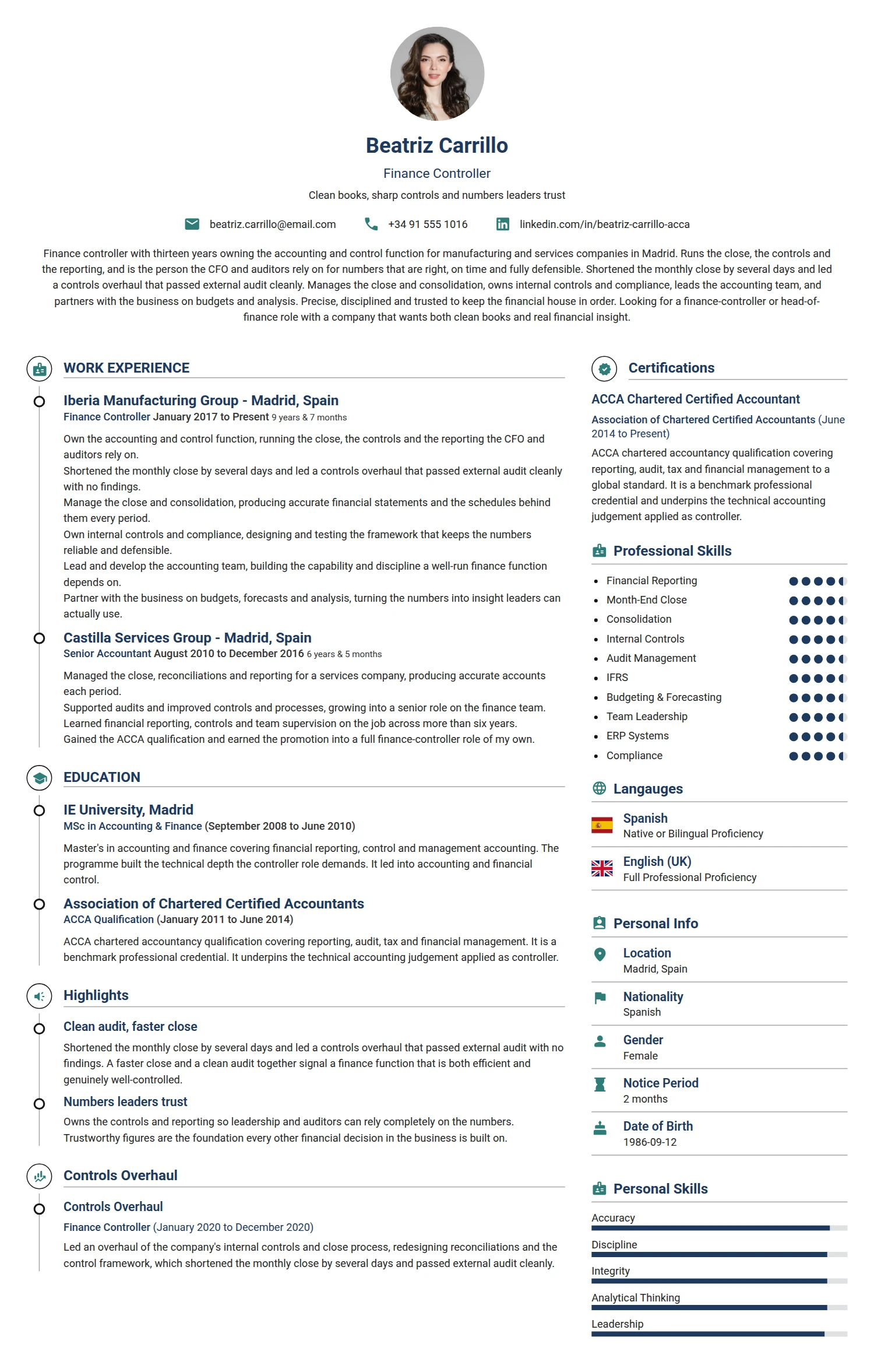 Finance Controller resume example — a professionally formatted Financial Services & Banking CV sample