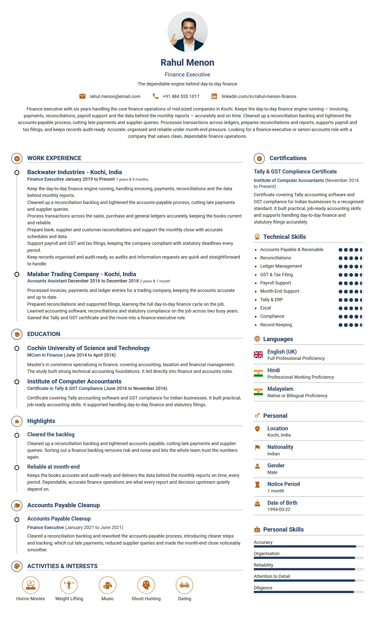 Finance Executive resume example — a professionally formatted Financial Services & Banking CV sample