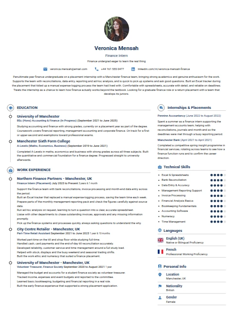 Finance Intern resume example — a professionally formatted Financial Services & Banking CV sample