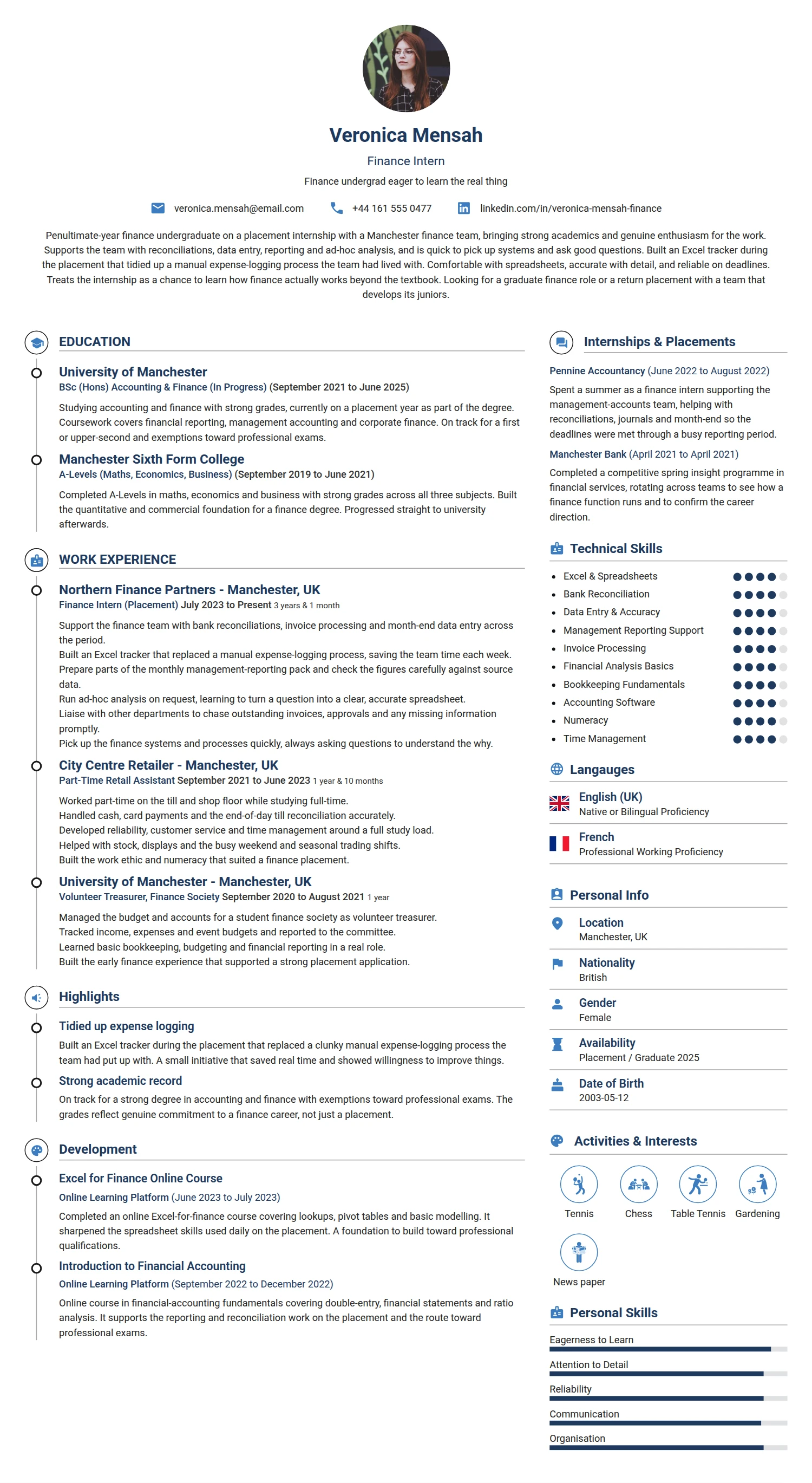 Finance Intern resume example — a professionally formatted Financial Services & Banking CV sample