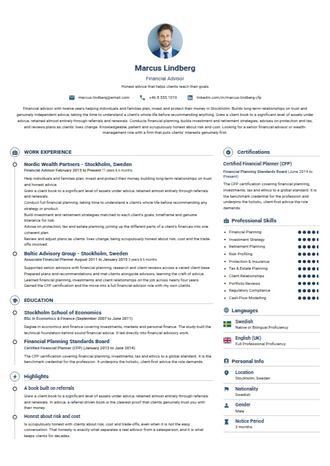 Financial Advisor resume example