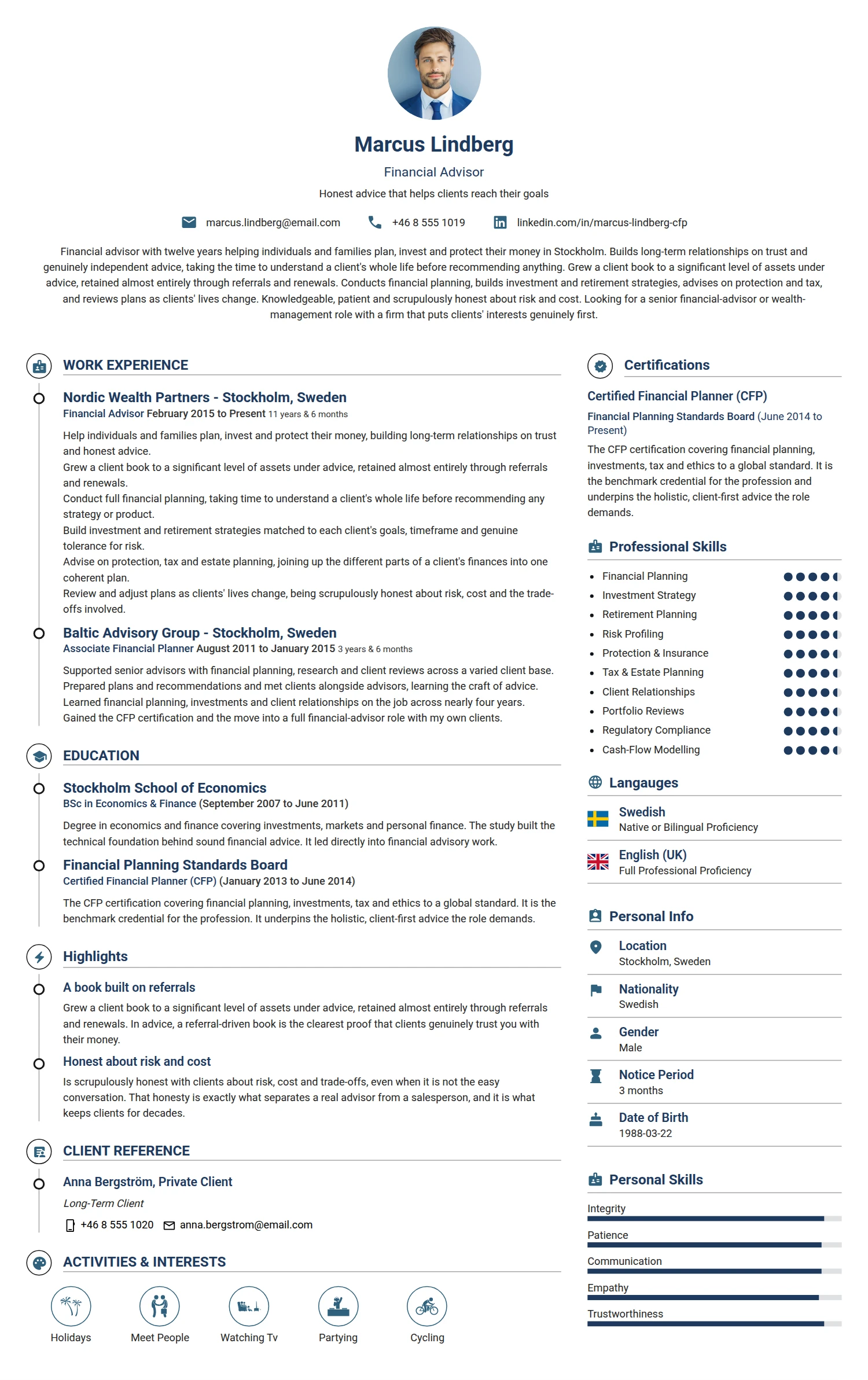 Financial Advisor resume example — a professionally formatted Financial Services & Banking CV sample