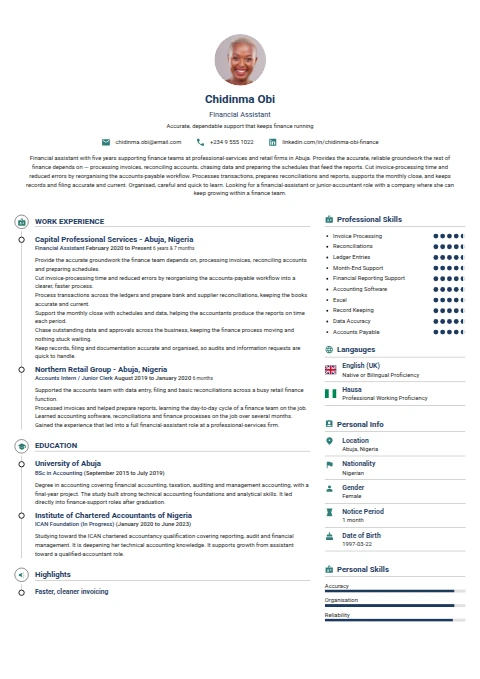 Financial Assistant resume example
