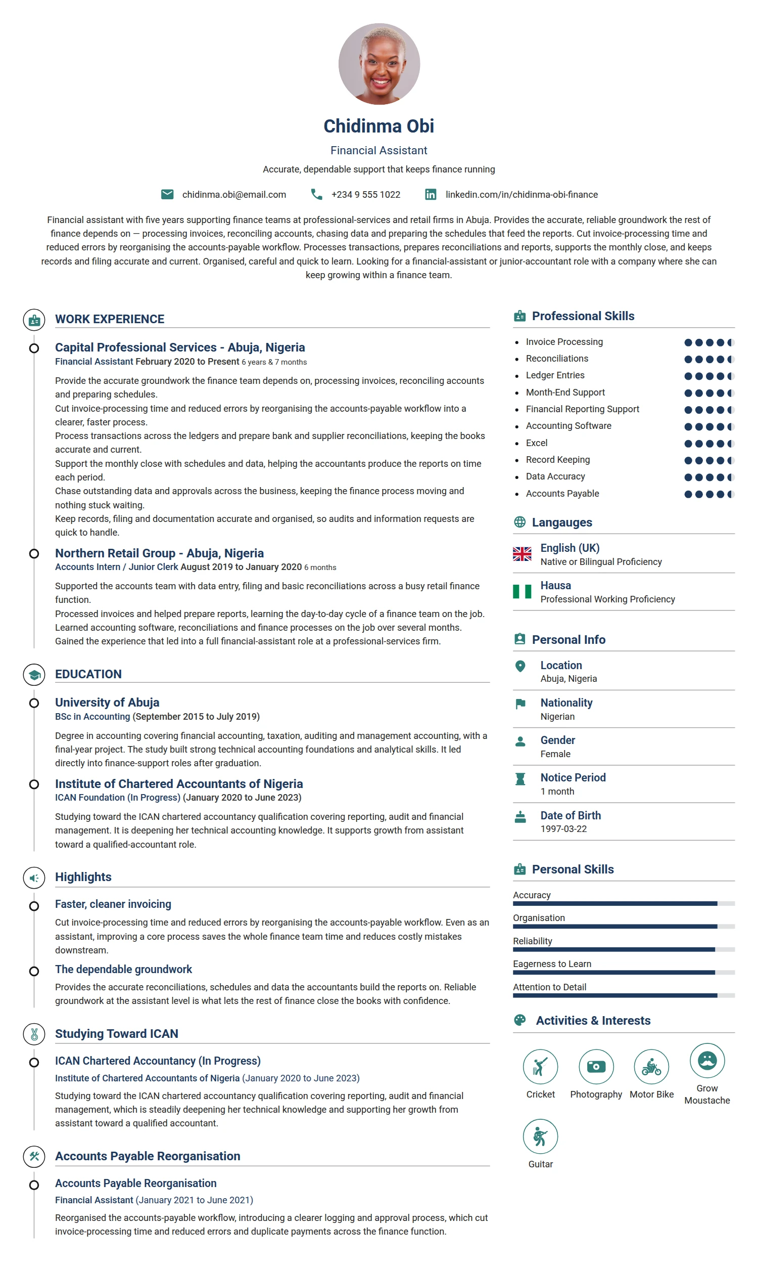 Financial Assistant resume example — a professionally formatted Financial Services & Banking CV sample