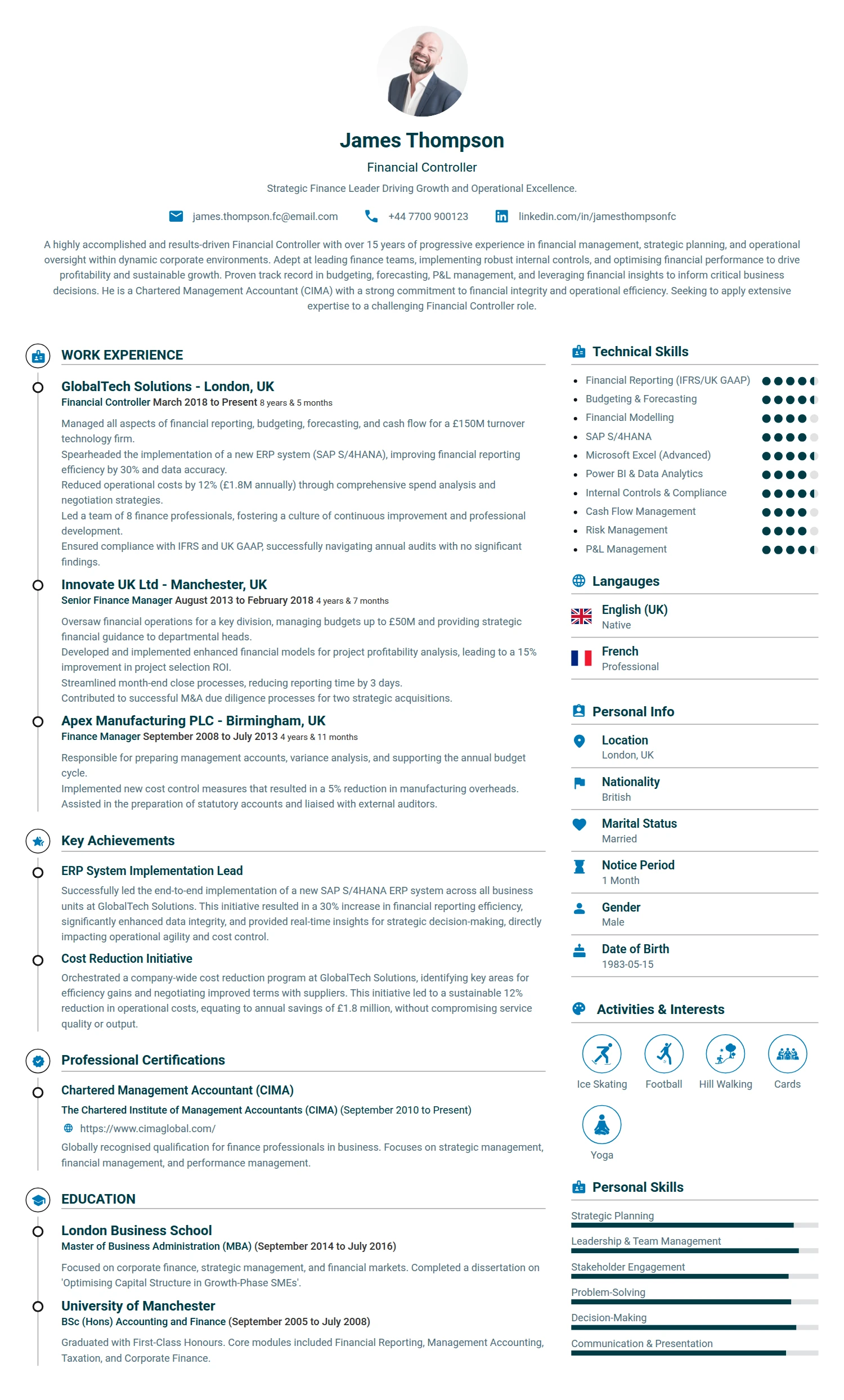 Financial Controller resume example — a professionally formatted Financial Services & Banking CV sample