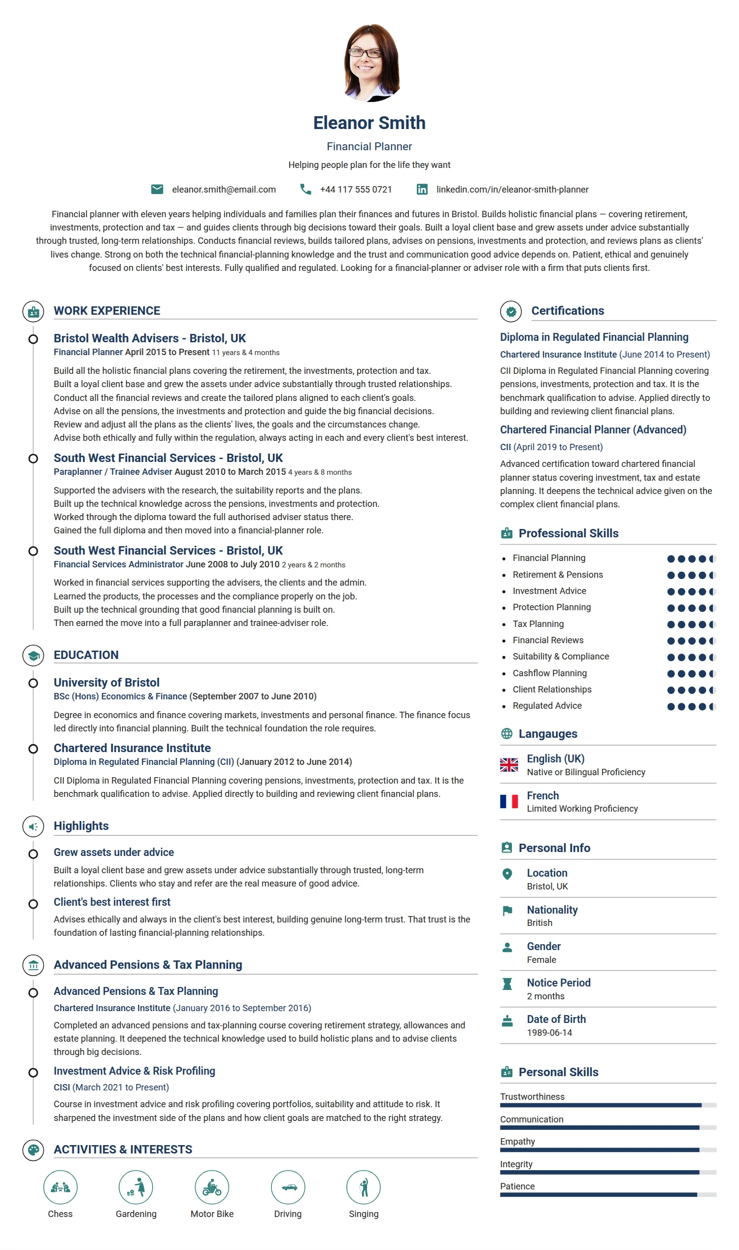 Financial Planner resume example — a professionally formatted Financial Services & Banking CV sample