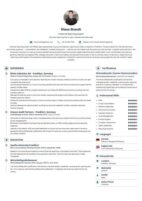Financial Reporting Expert resume example — a professionally formatted Financial Services & Banking CV sample