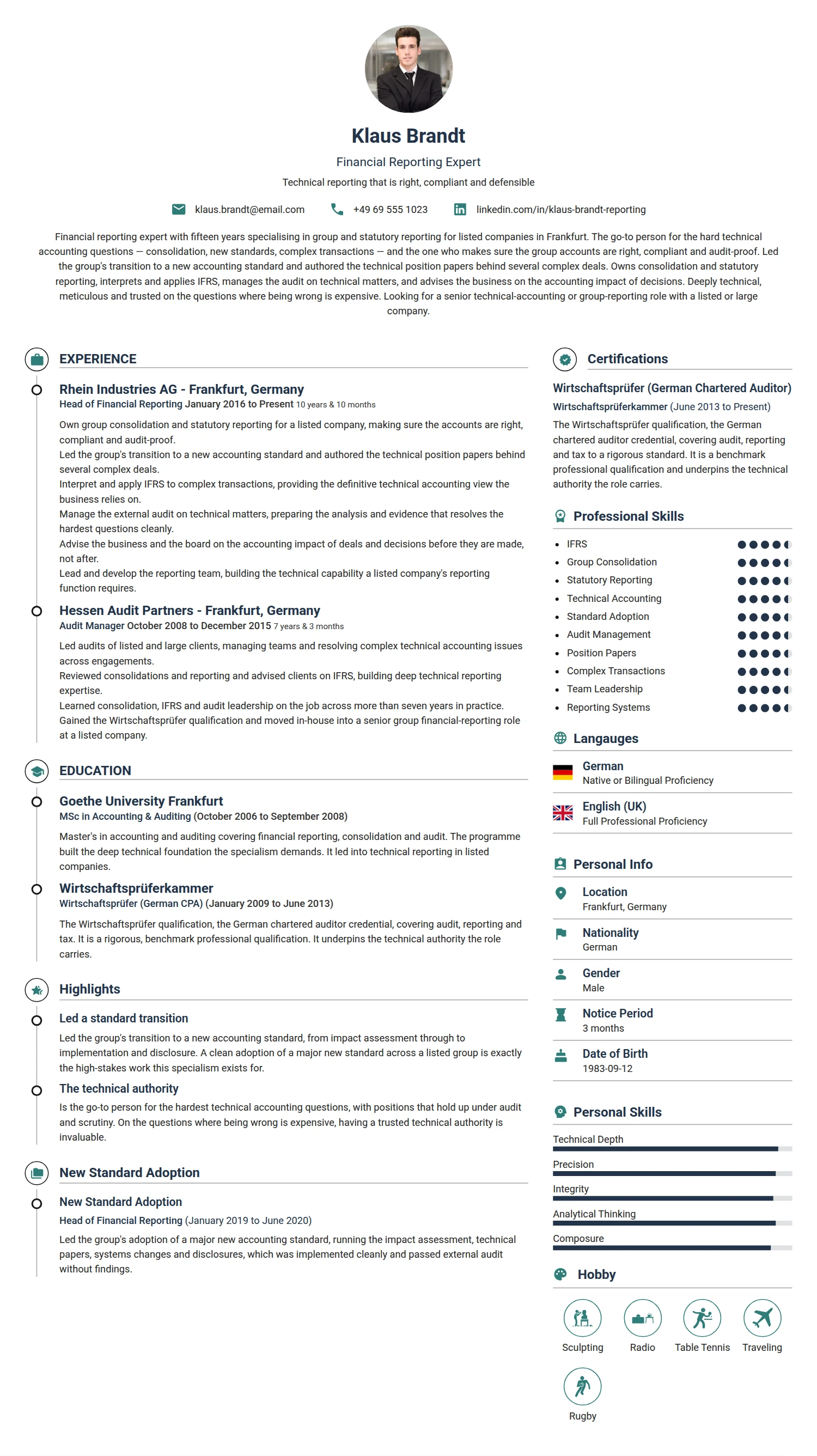 Financial Reporting Expert resume example — a professionally formatted Financial Services & Banking CV sample