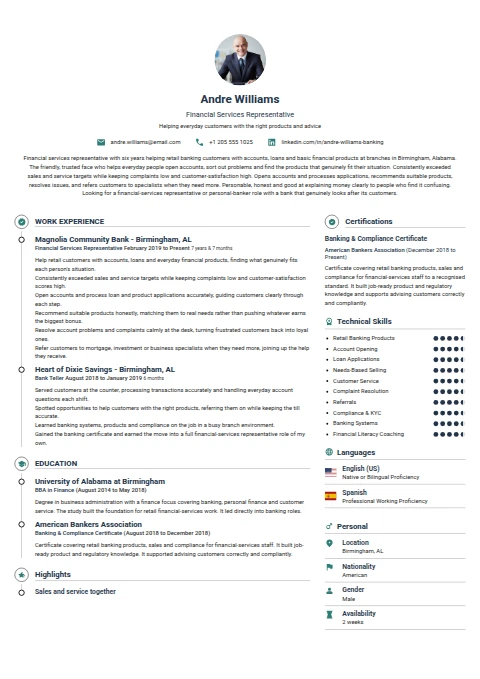 Financial Services Representative resume example