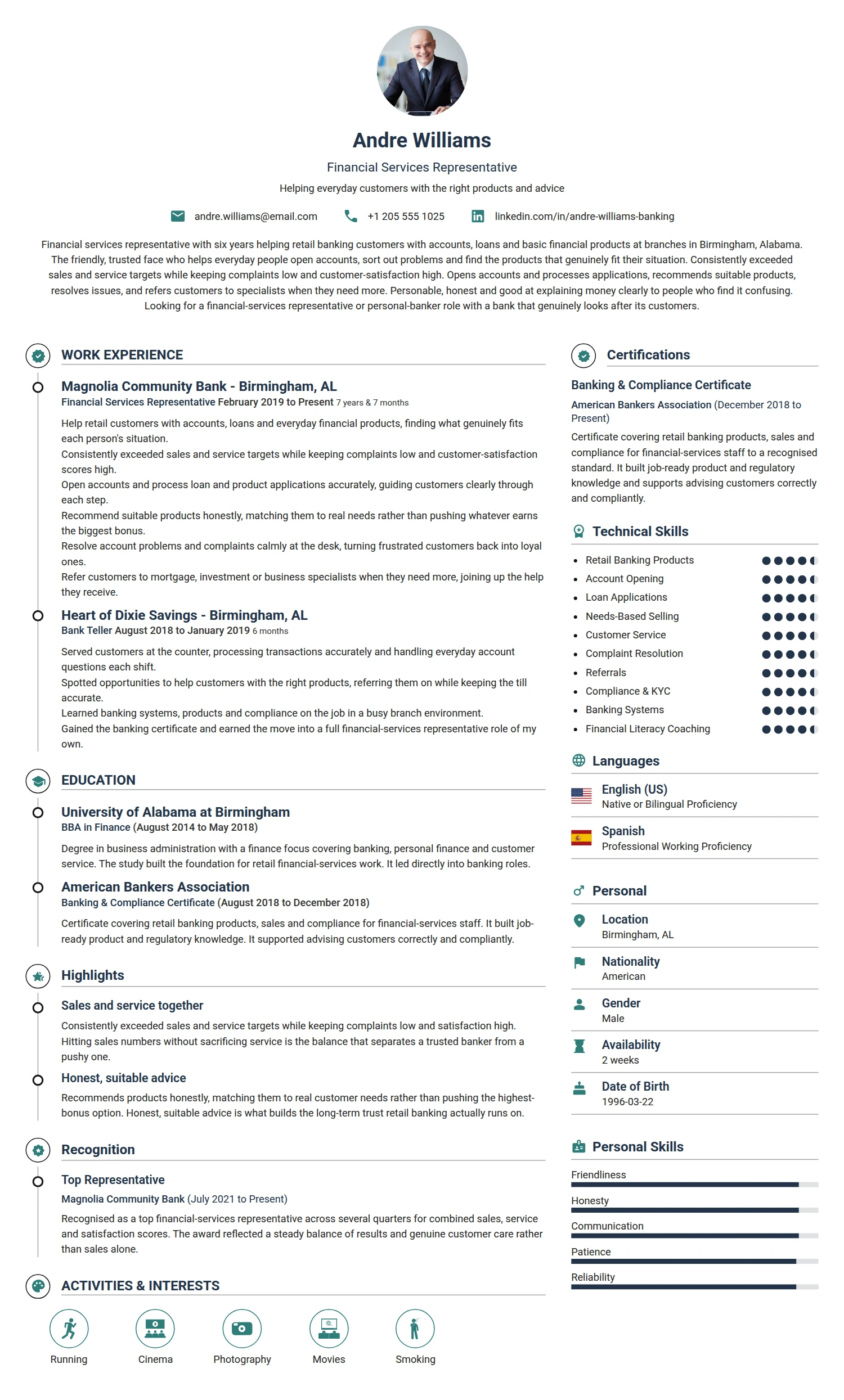 Financial Services Representative resume example — a professionally formatted Financial Services & Banking CV sample