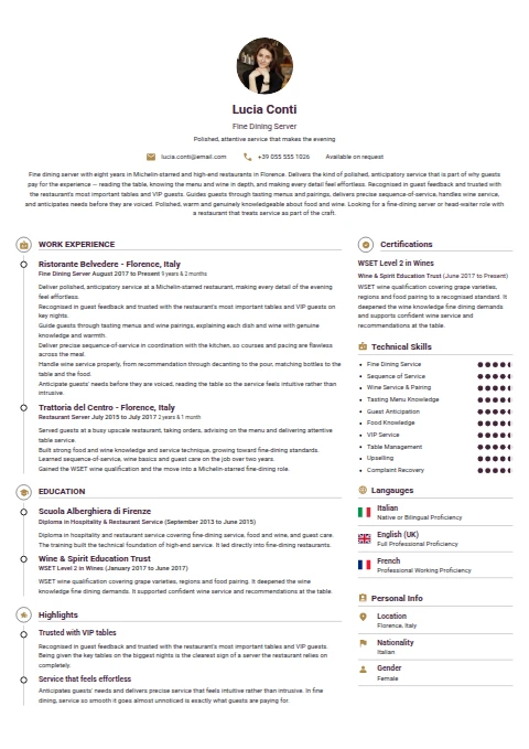 Fine Dining Server resume example