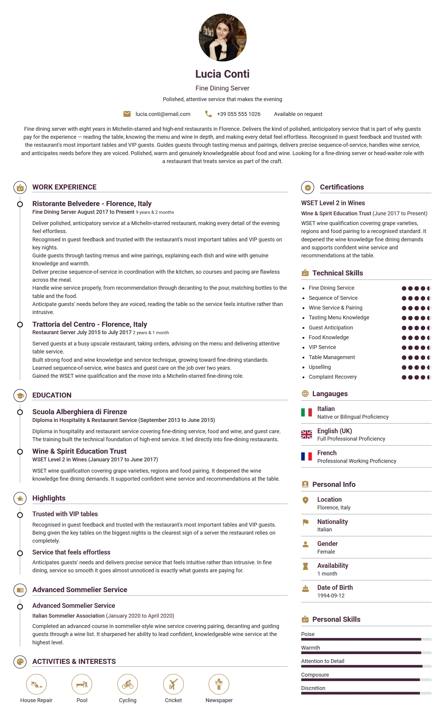 Fine Dining Server resume example — a professionally formatted Hospitality CV sample