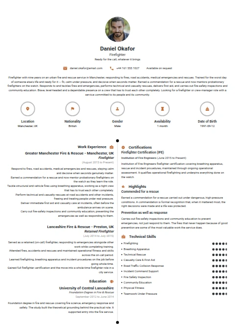Fire Fighter resume example