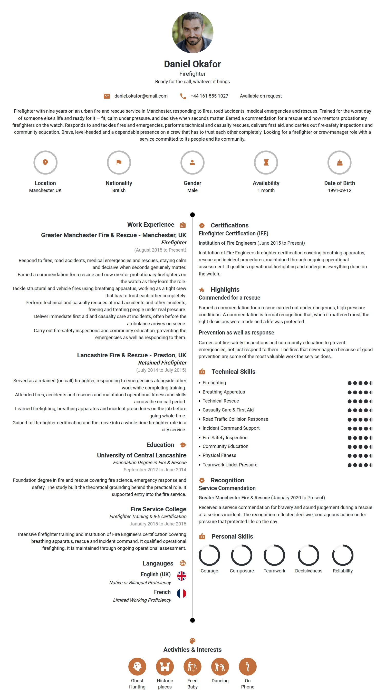 Fire Fighter resume example — a professionally formatted Charity/Non-Profit CV sample