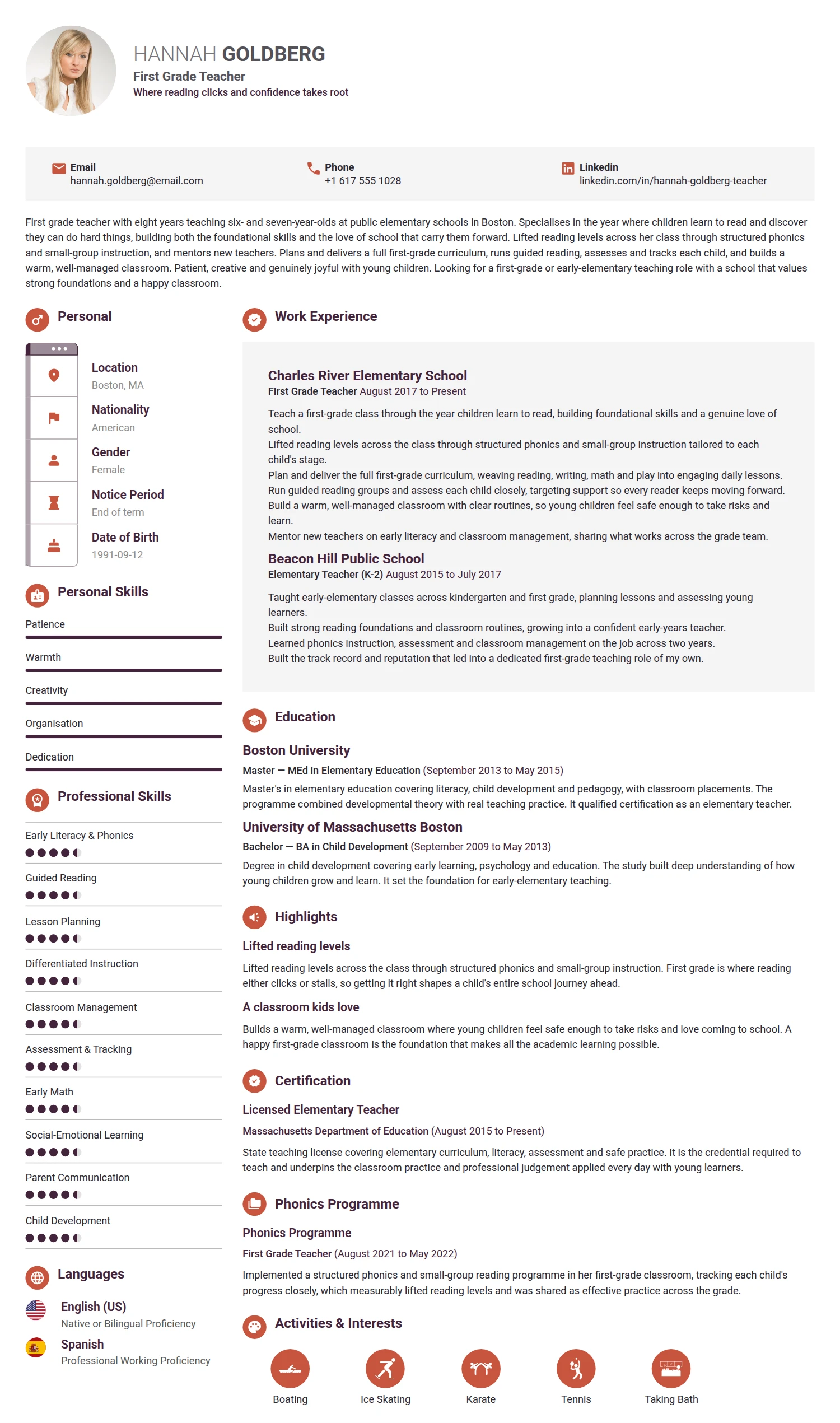 First Grade Teacher resume example — a professionally formatted Education CV sample