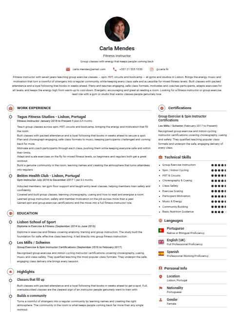 Fitness Instructor resume example