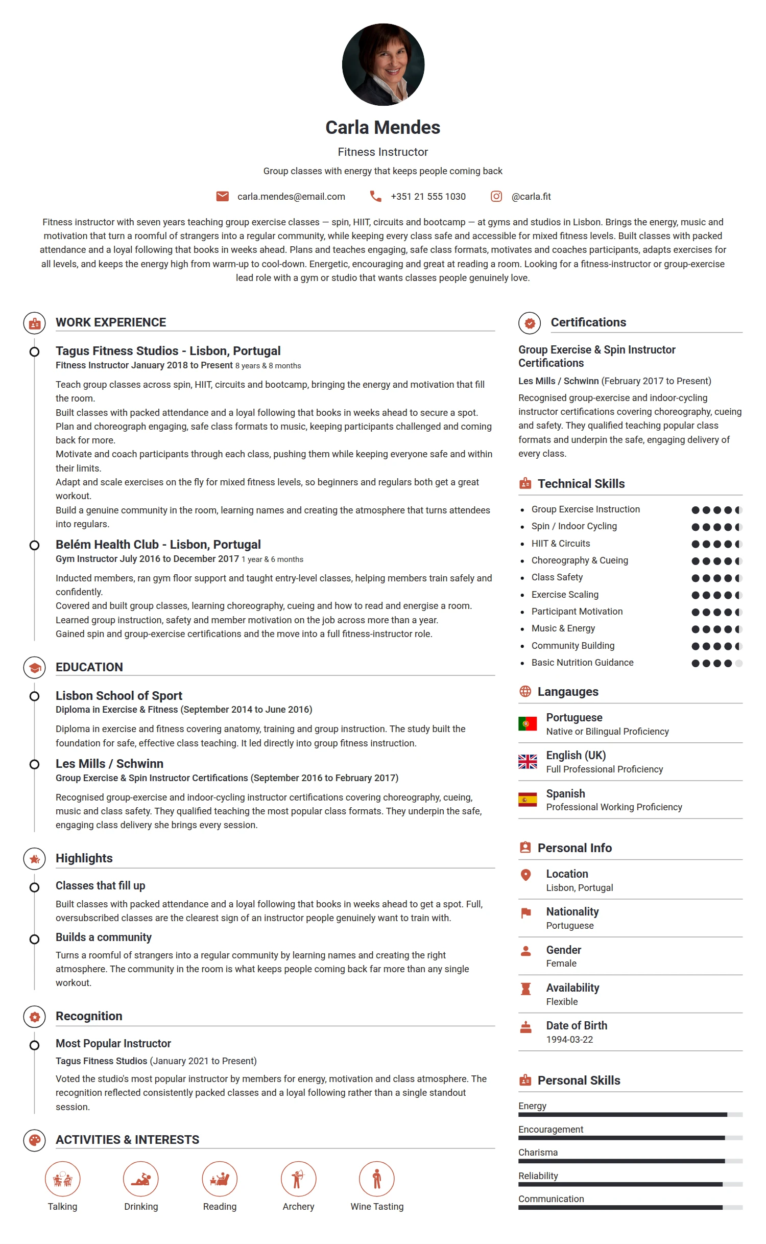Fitness Instructor resume example — a professionally formatted Sports & Fitness CV sample