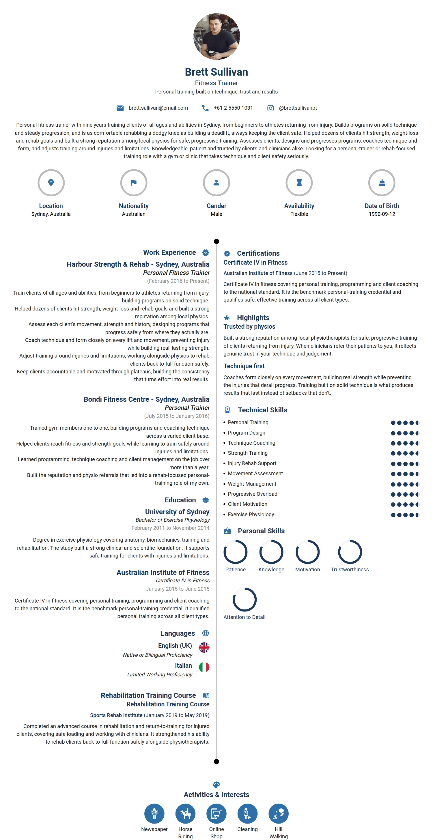 Fitness Trainer resume example — a professionally formatted Sports & Fitness CV sample