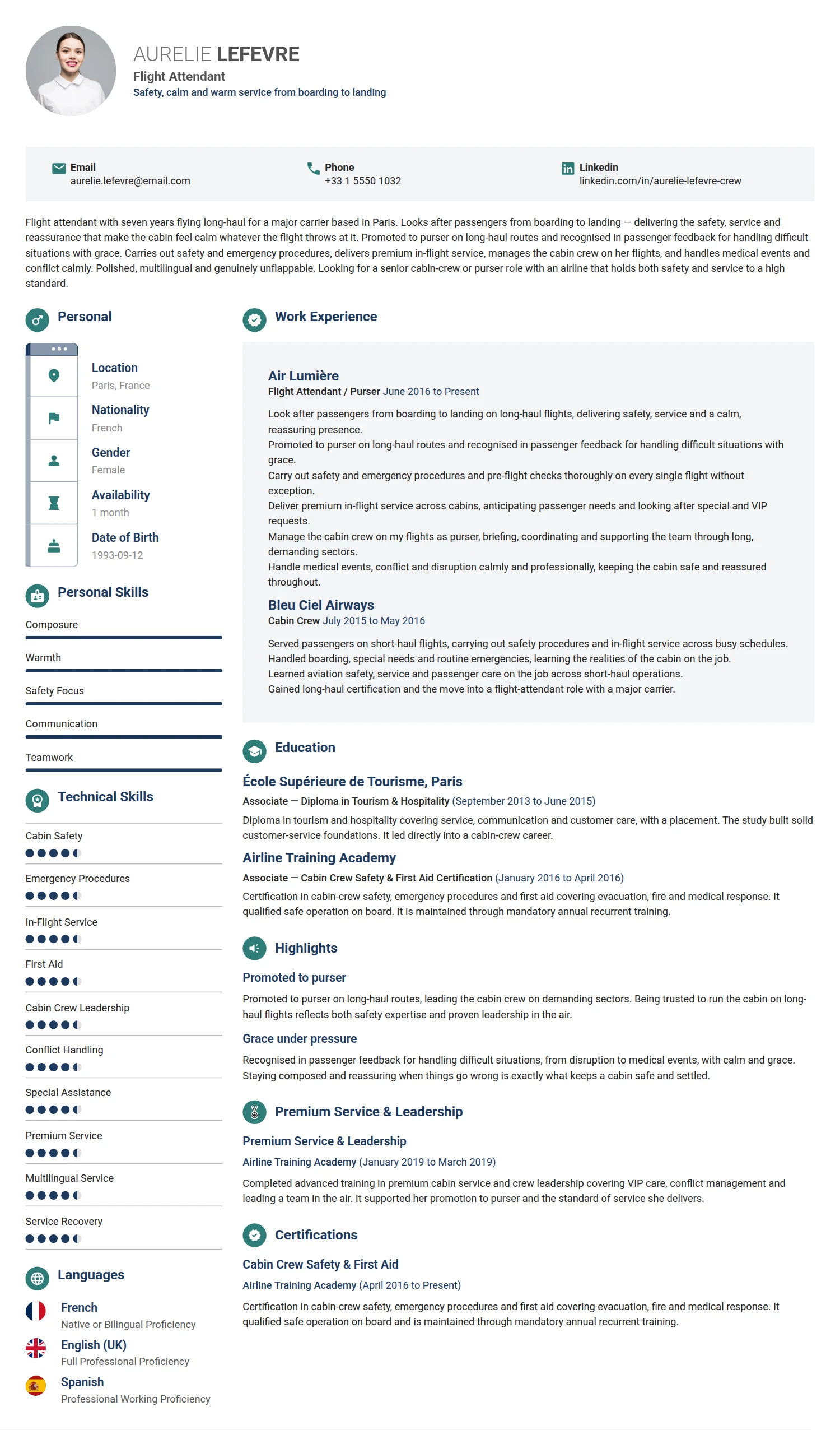 Flight Attendant resume example — a professionally formatted Transportation CV sample