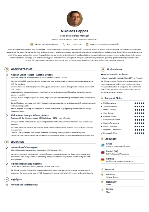 Food and Beverage Manager resume example