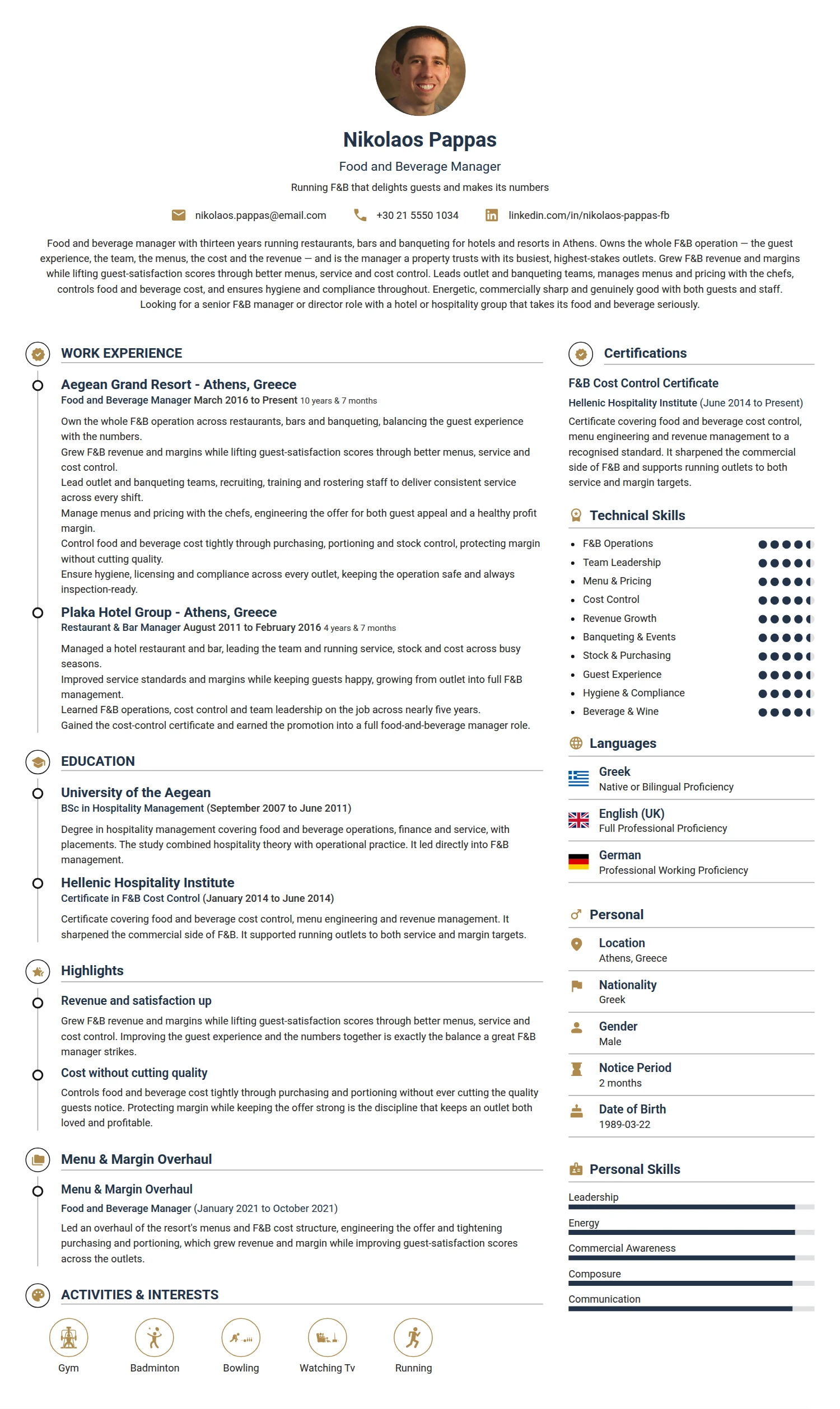Food and Beverage Manager resume example — a professionally formatted Hospitality CV sample