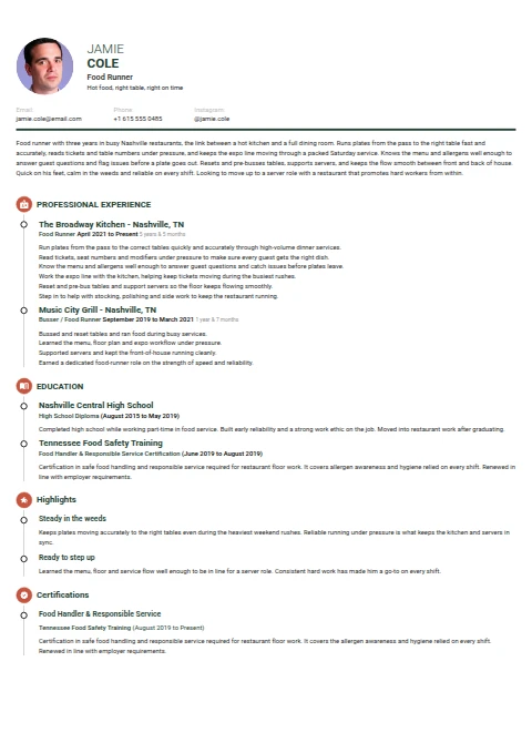 Food Runner resume example