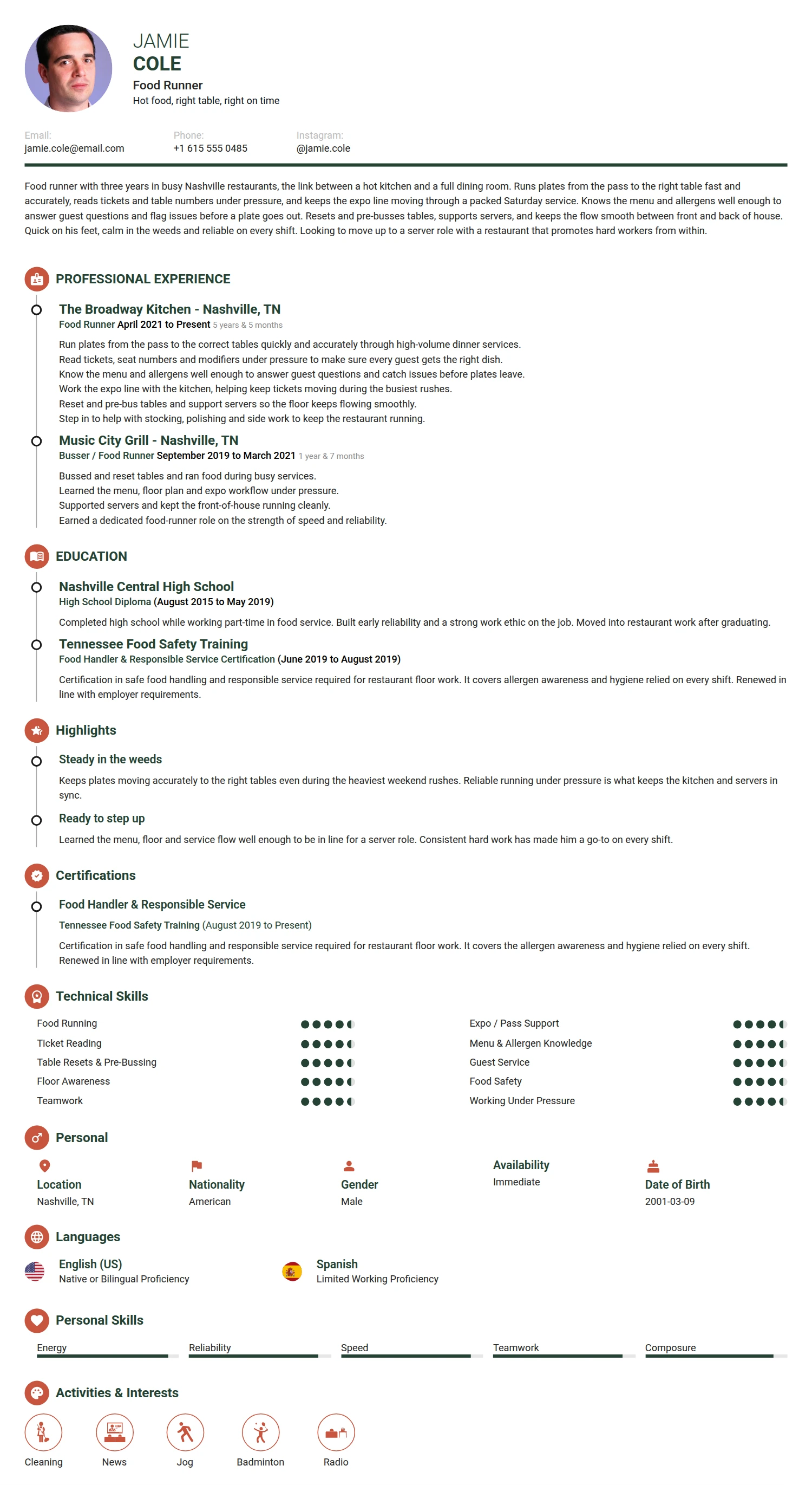 Food Runner resume example — a professionally formatted Hospitality CV sample