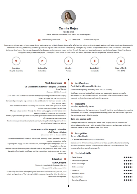 Food Server resume example
