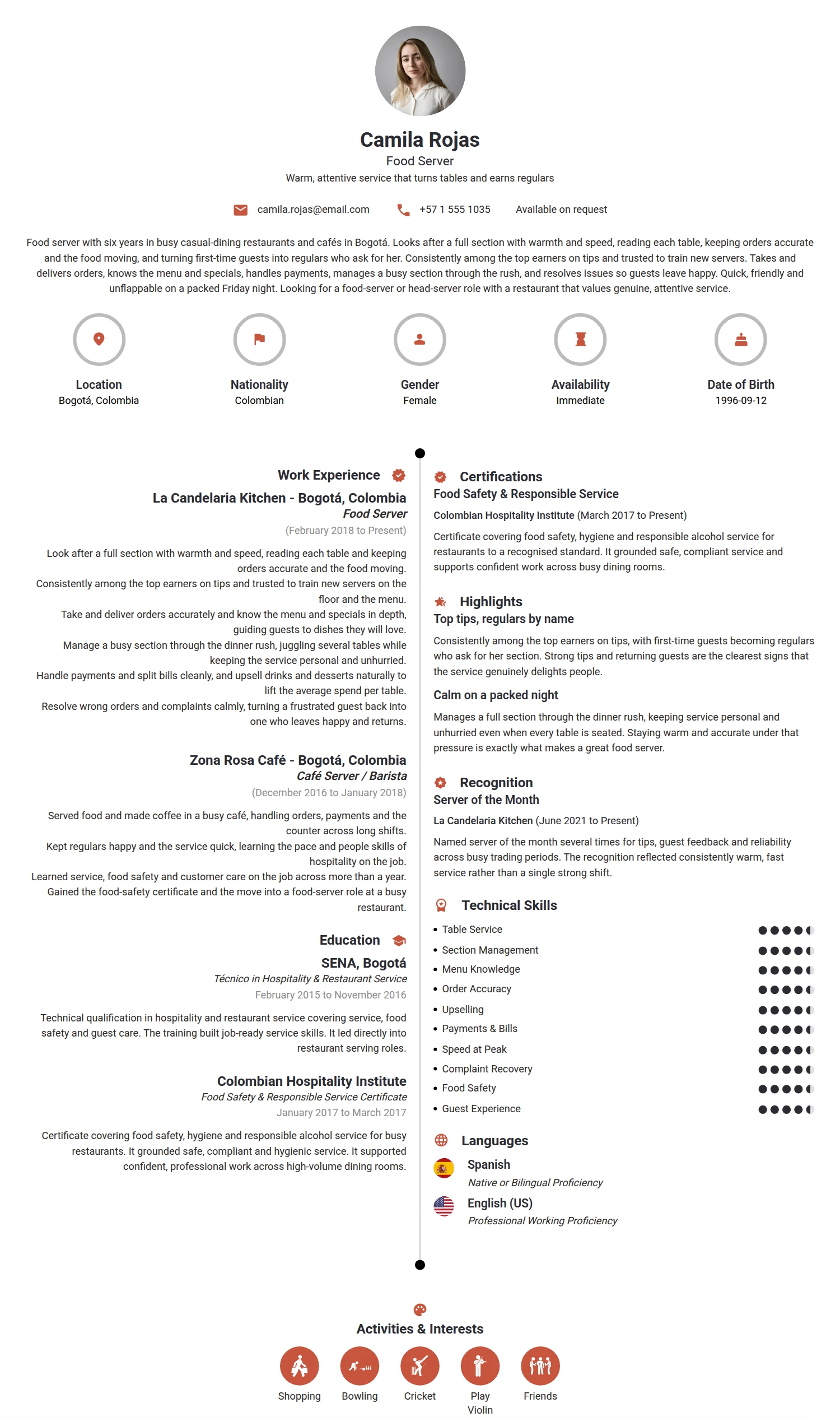 Food Server resume example — a professionally formatted Hospitality CV sample