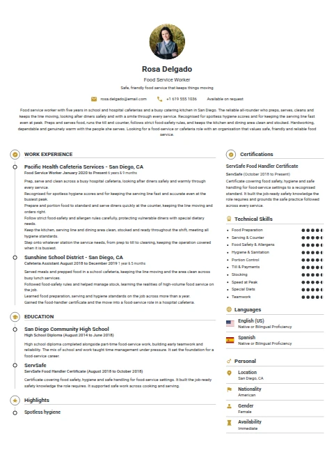 Food Service Worker resume example