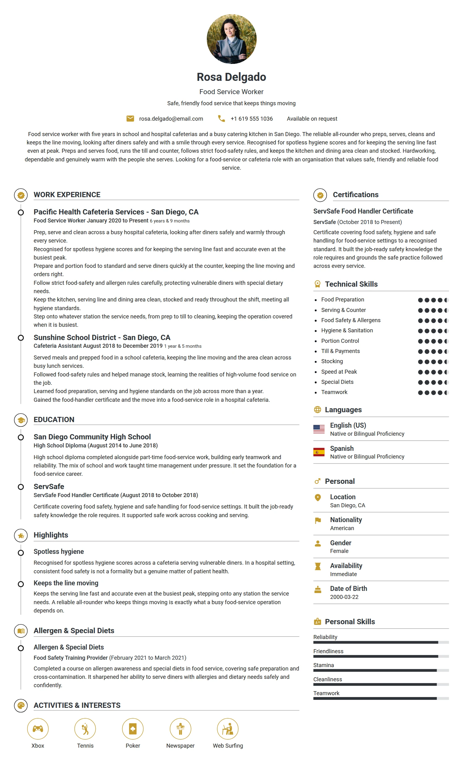 Food Service Worker resume example — a professionally formatted Hospitality CV sample
