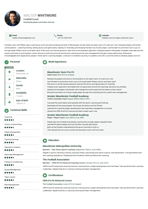 Football Coach resume example