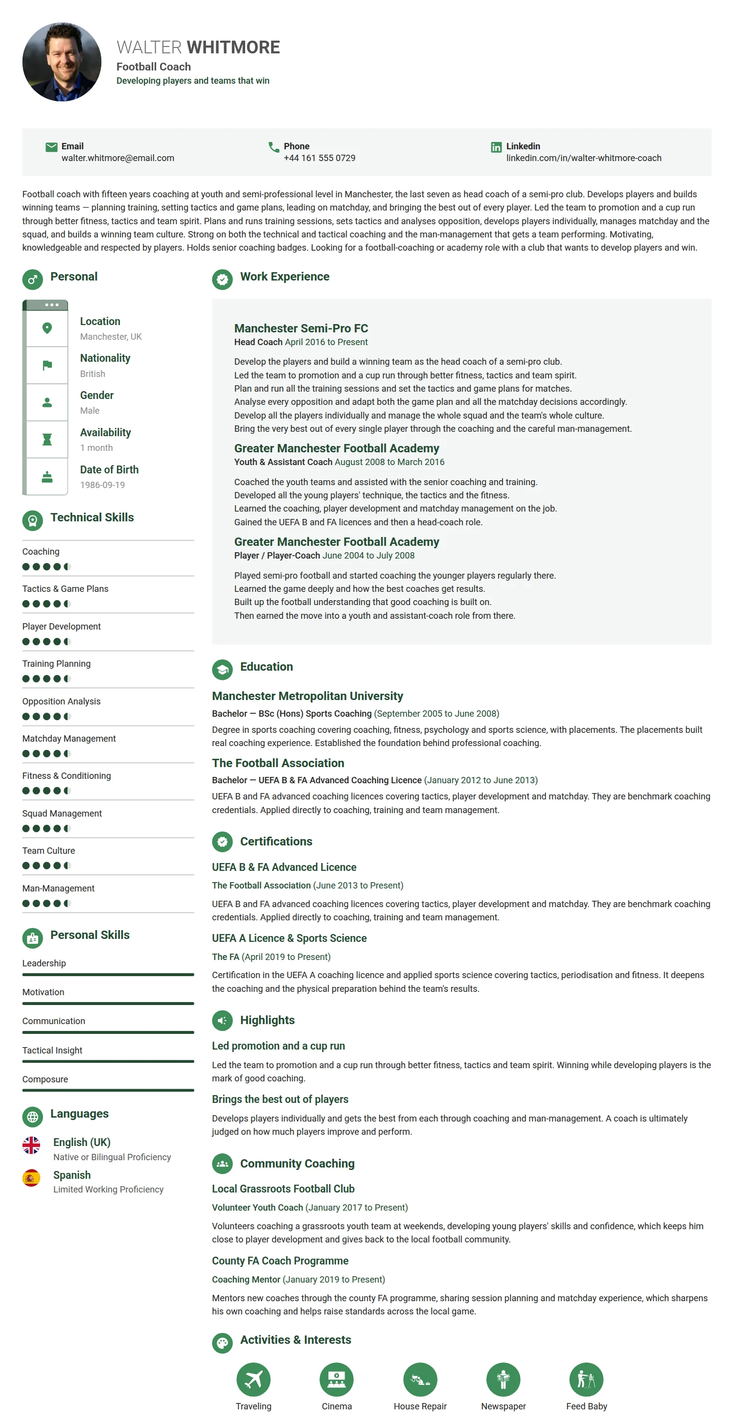 Football Coach resume example — a professionally formatted Sports & Fitness CV sample