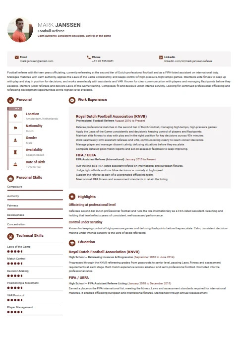 Football Referee resume example