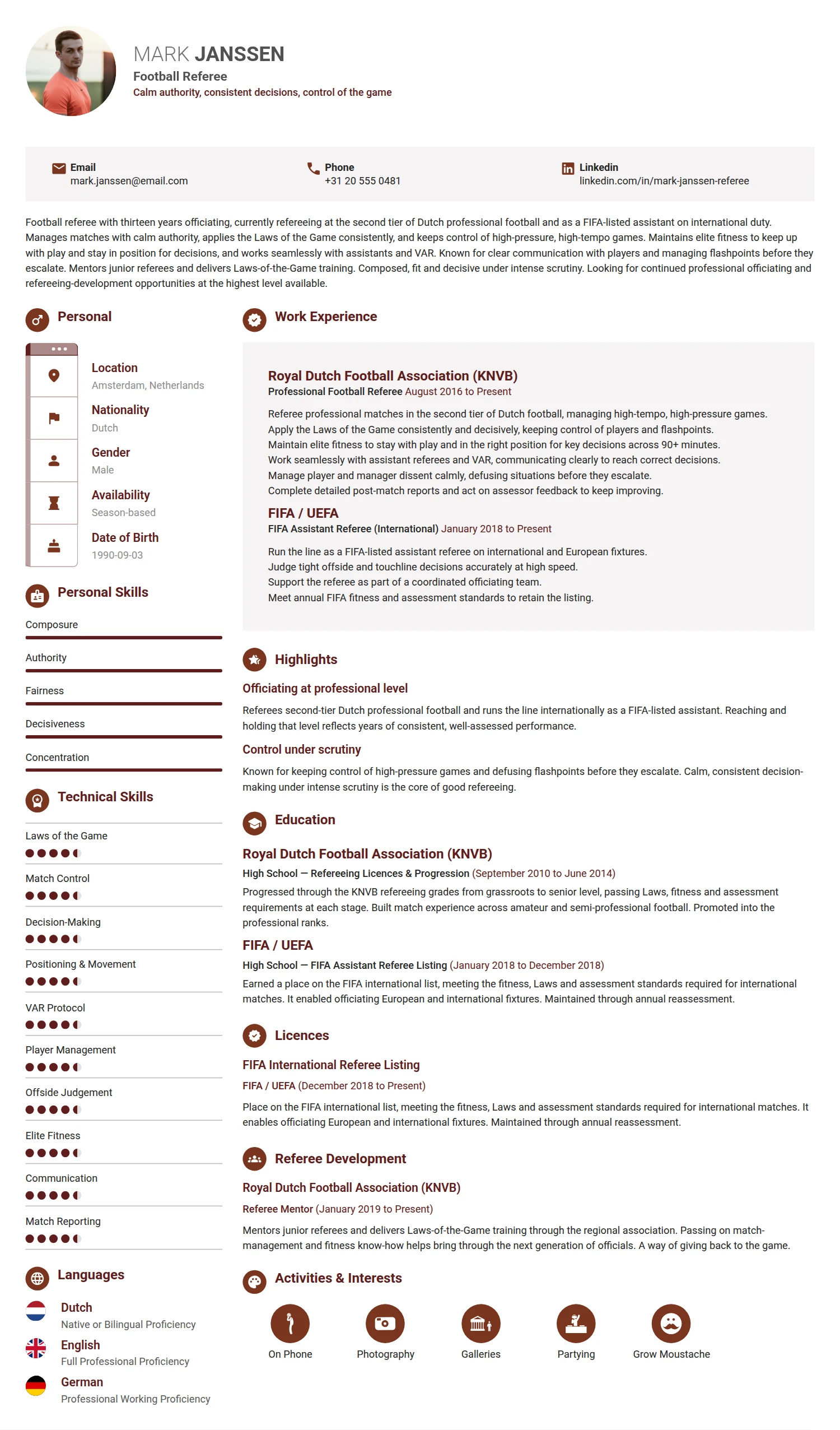Football Referee resume example — a professionally formatted Sports & Fitness CV sample