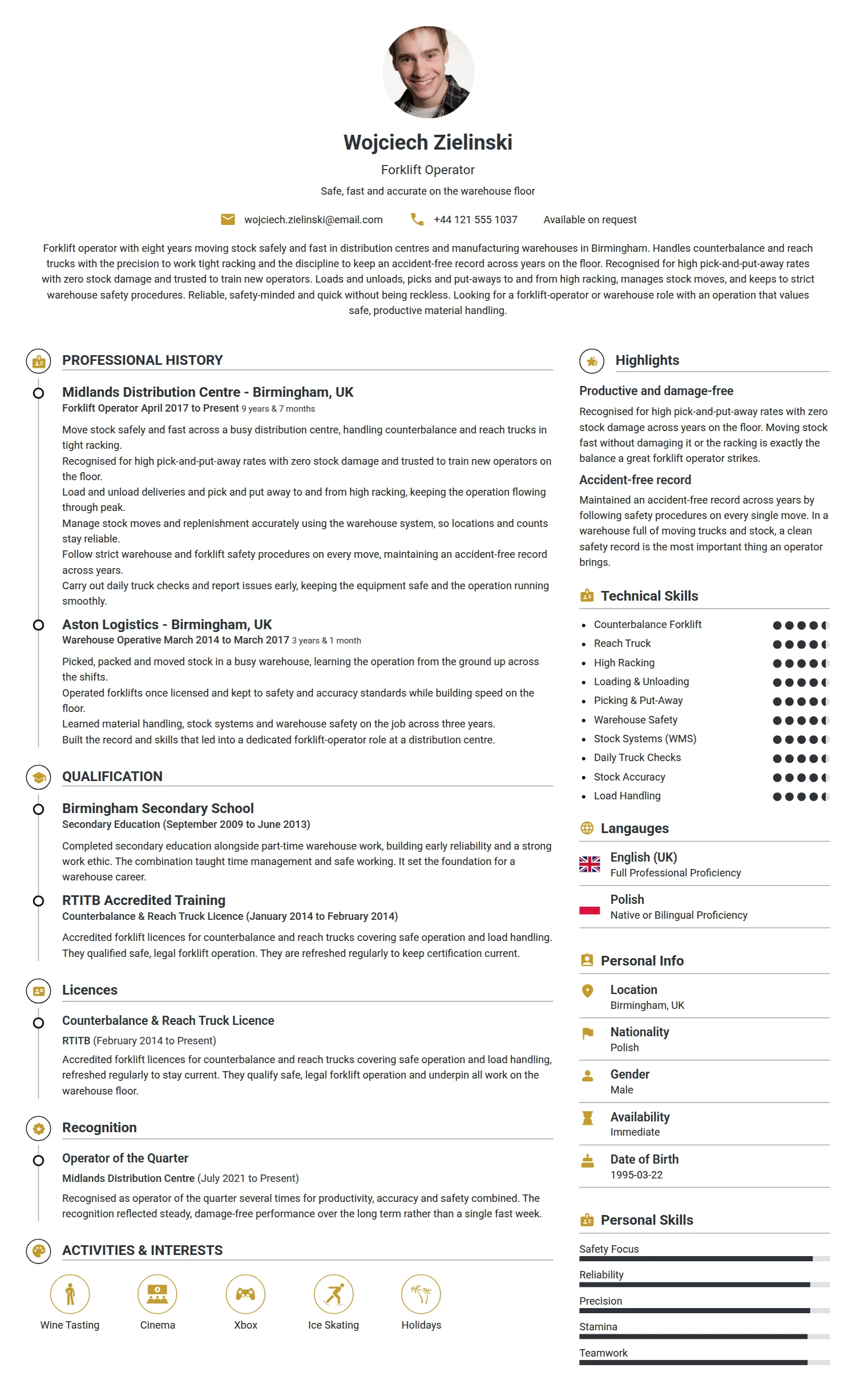 Forklift Operator resume example — a professionally formatted Administration CV sample