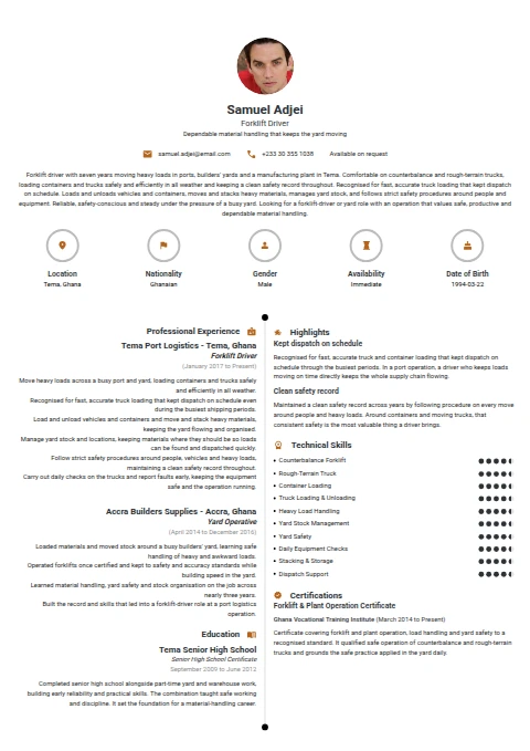 Forklifter Driver resume example