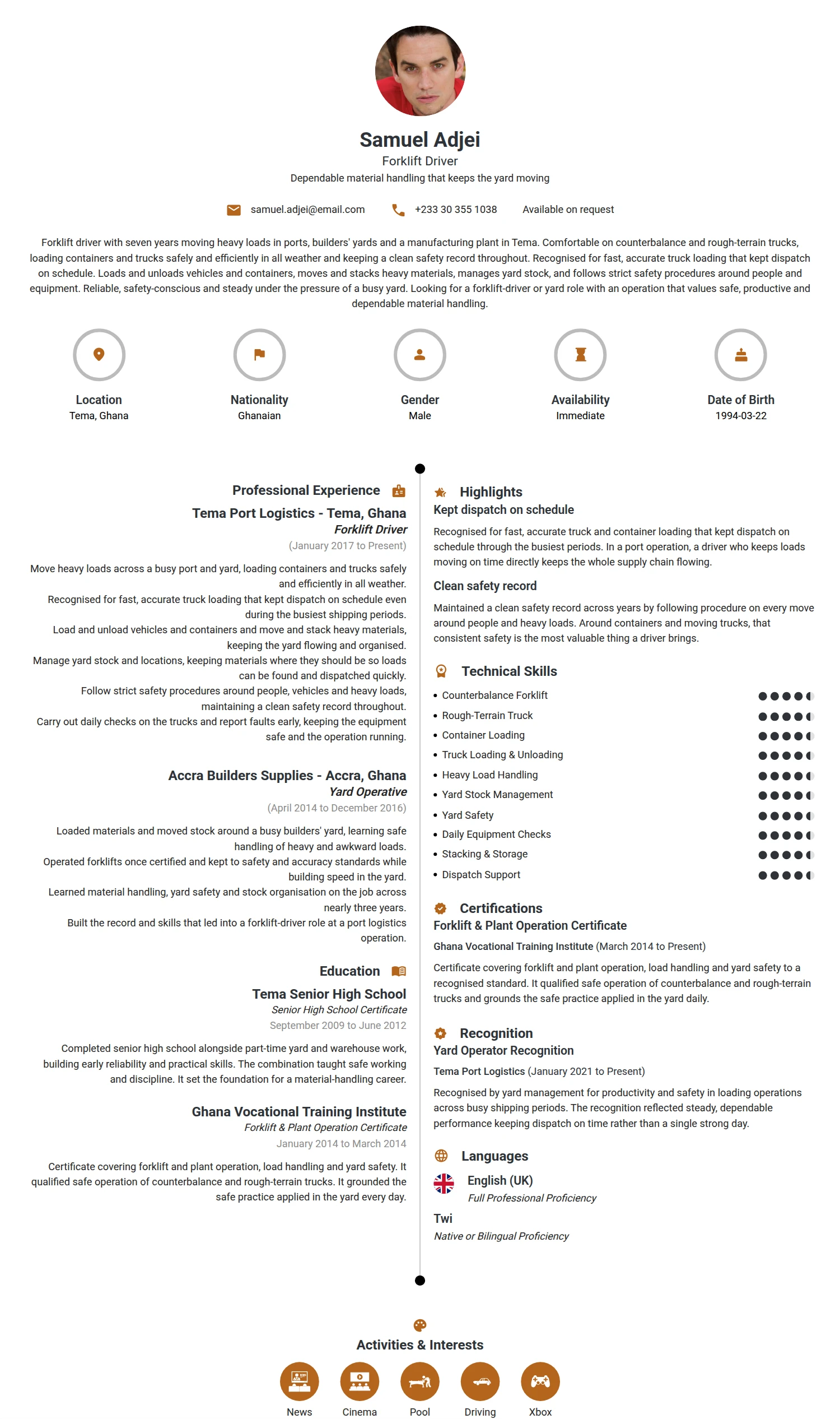Forklifter Driver resume example — a professionally formatted Transportation CV sample