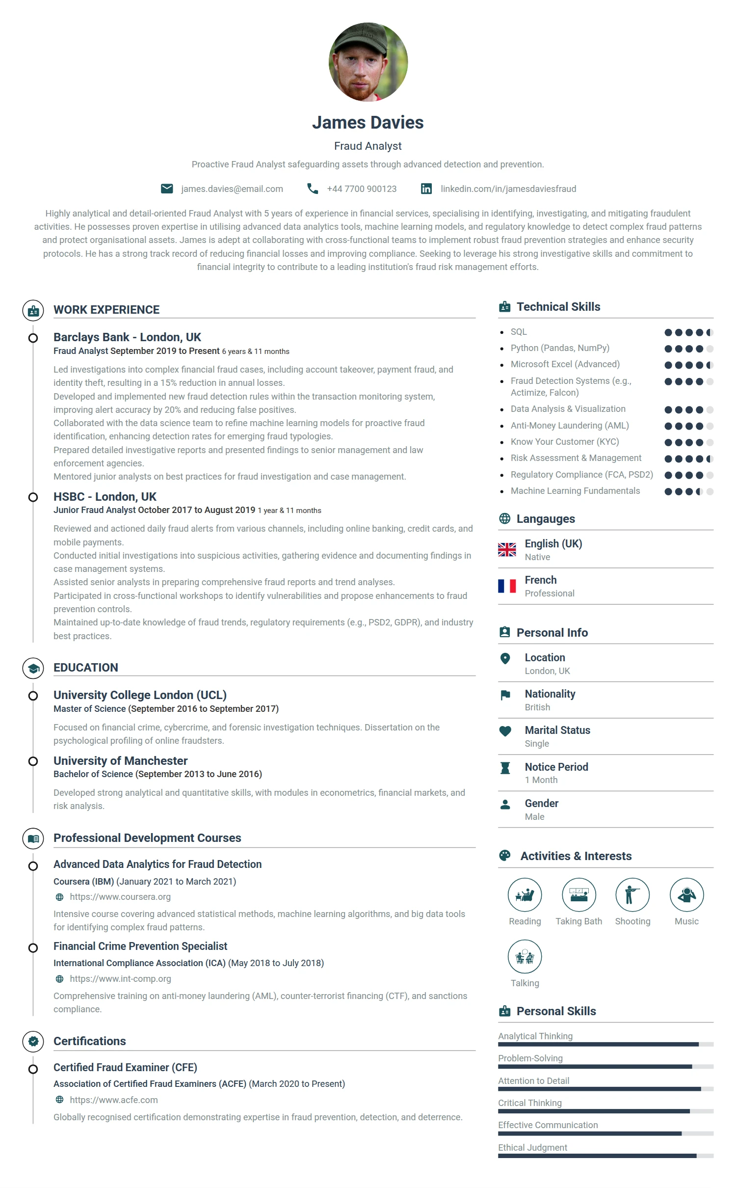 Fraud Analyst resume example — a professionally formatted Accounting/Auditing CV sample