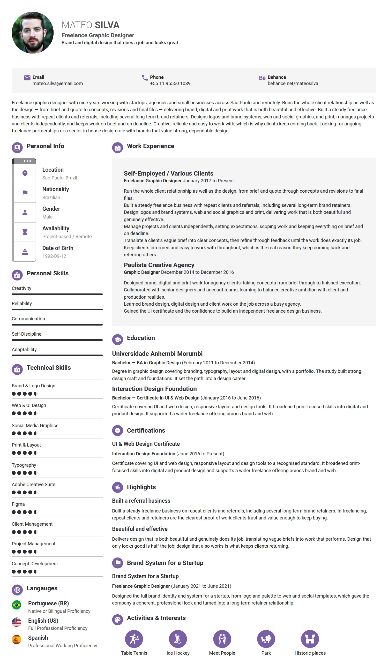 Freelance Graphic Designer resume example — a professionally formatted Art/Creative/Design CV sample