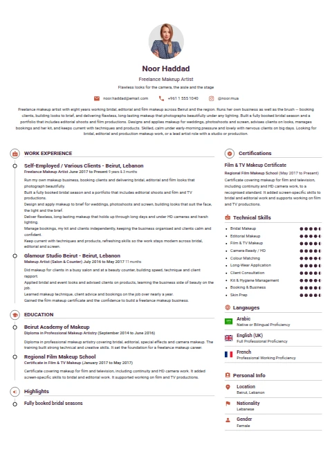 Freelance Makeup Artist resume example
