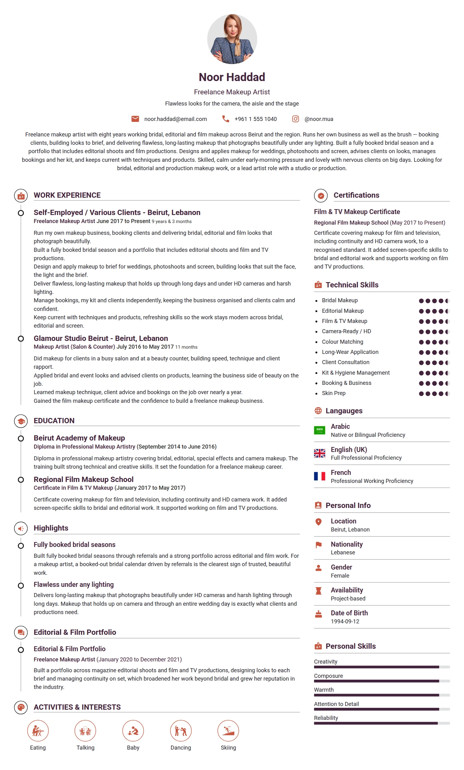 Freelance Makeup Artist resume example — a professionally formatted Art/Creative/Design CV sample
