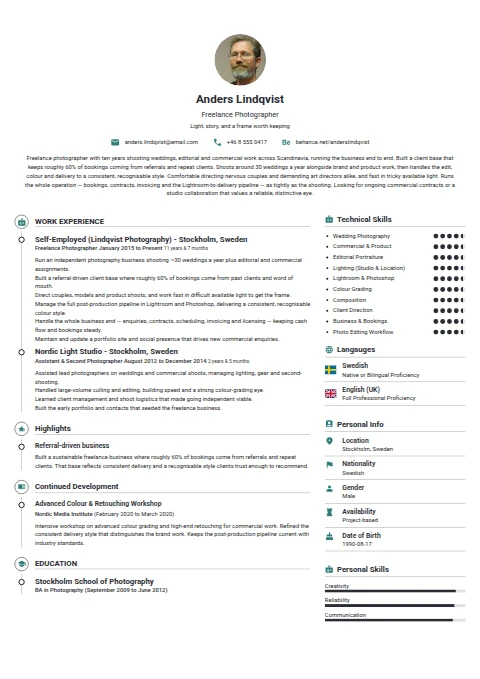 Freelance Photographer resume example — a professionally formatted Art/Creative/Design CV sample