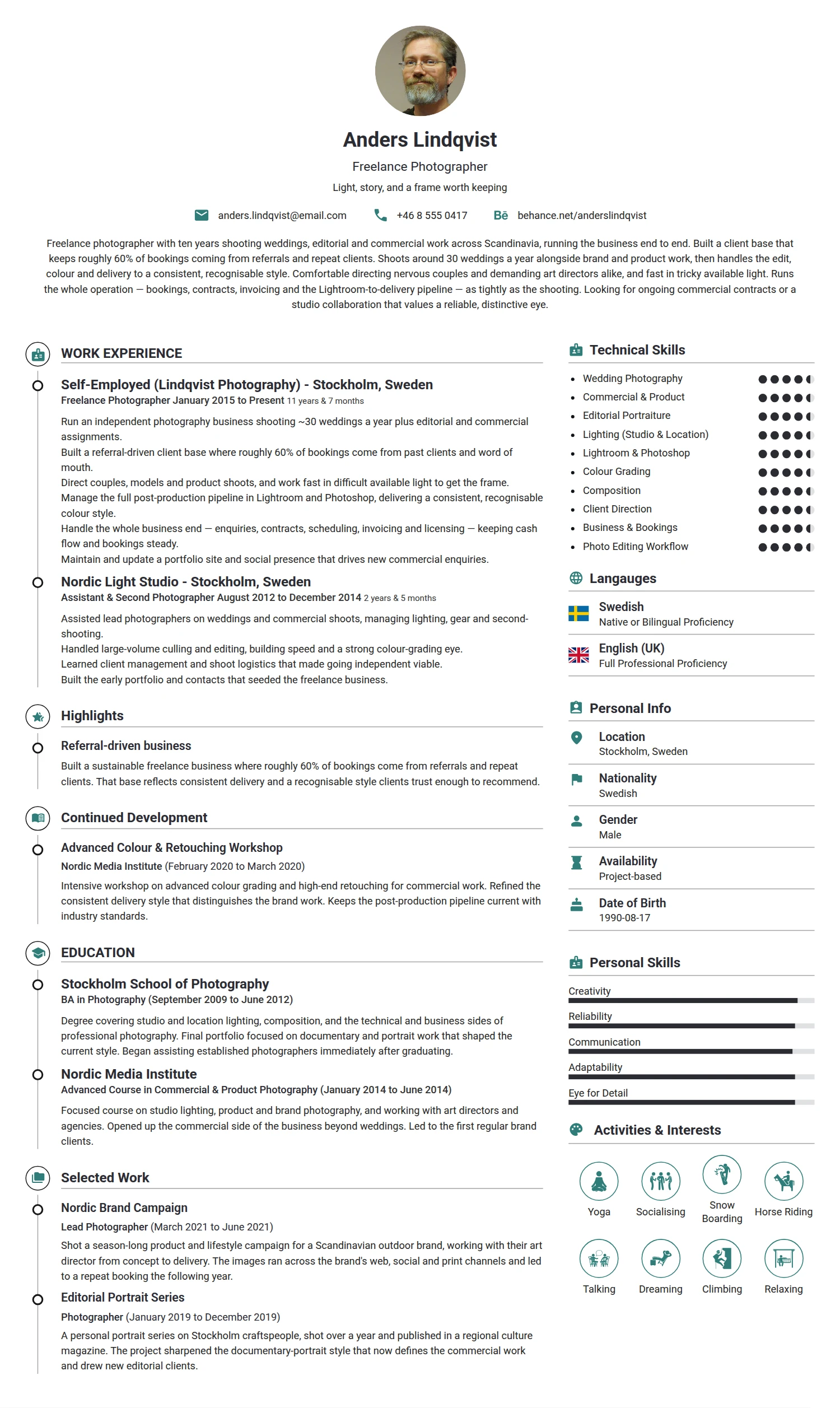 Freelance Photographer resume example — a professionally formatted Art/Creative/Design CV sample