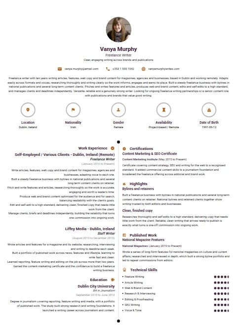 Freelance Writer resume example