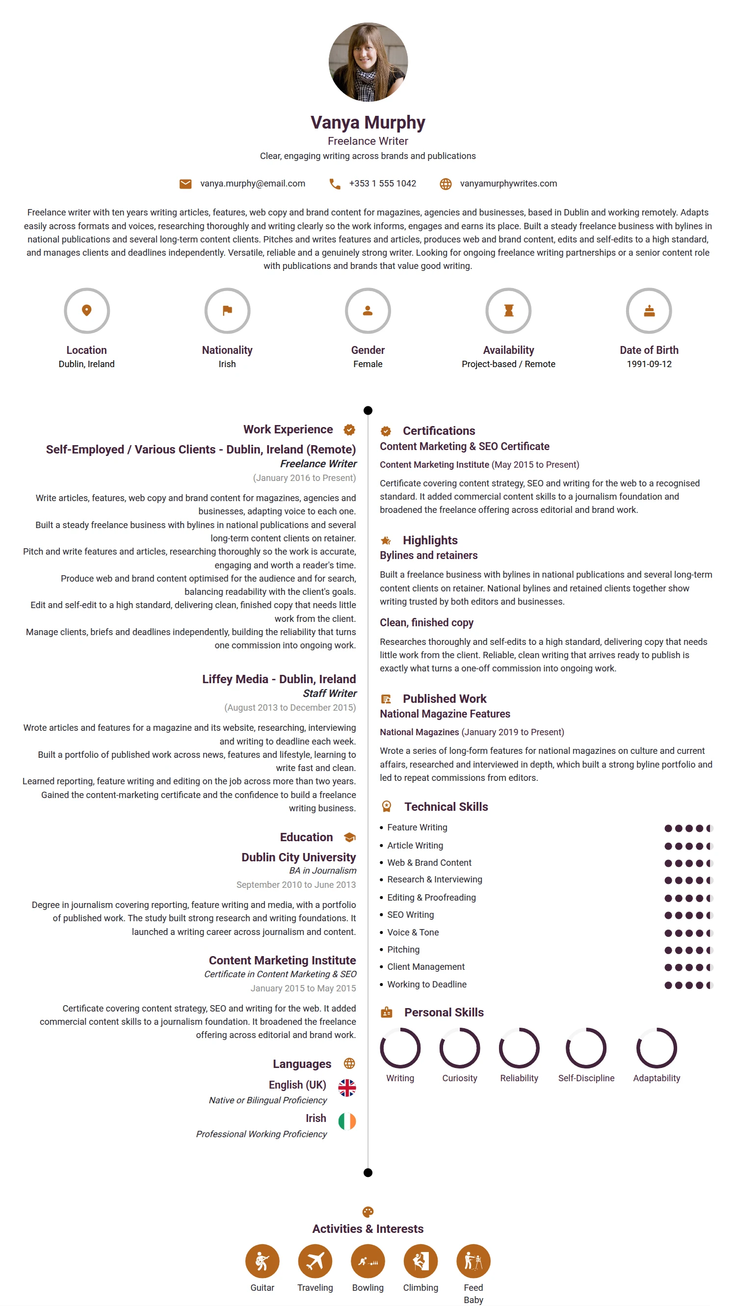 Freelance Writer resume example — a professionally formatted Science & Research CV sample