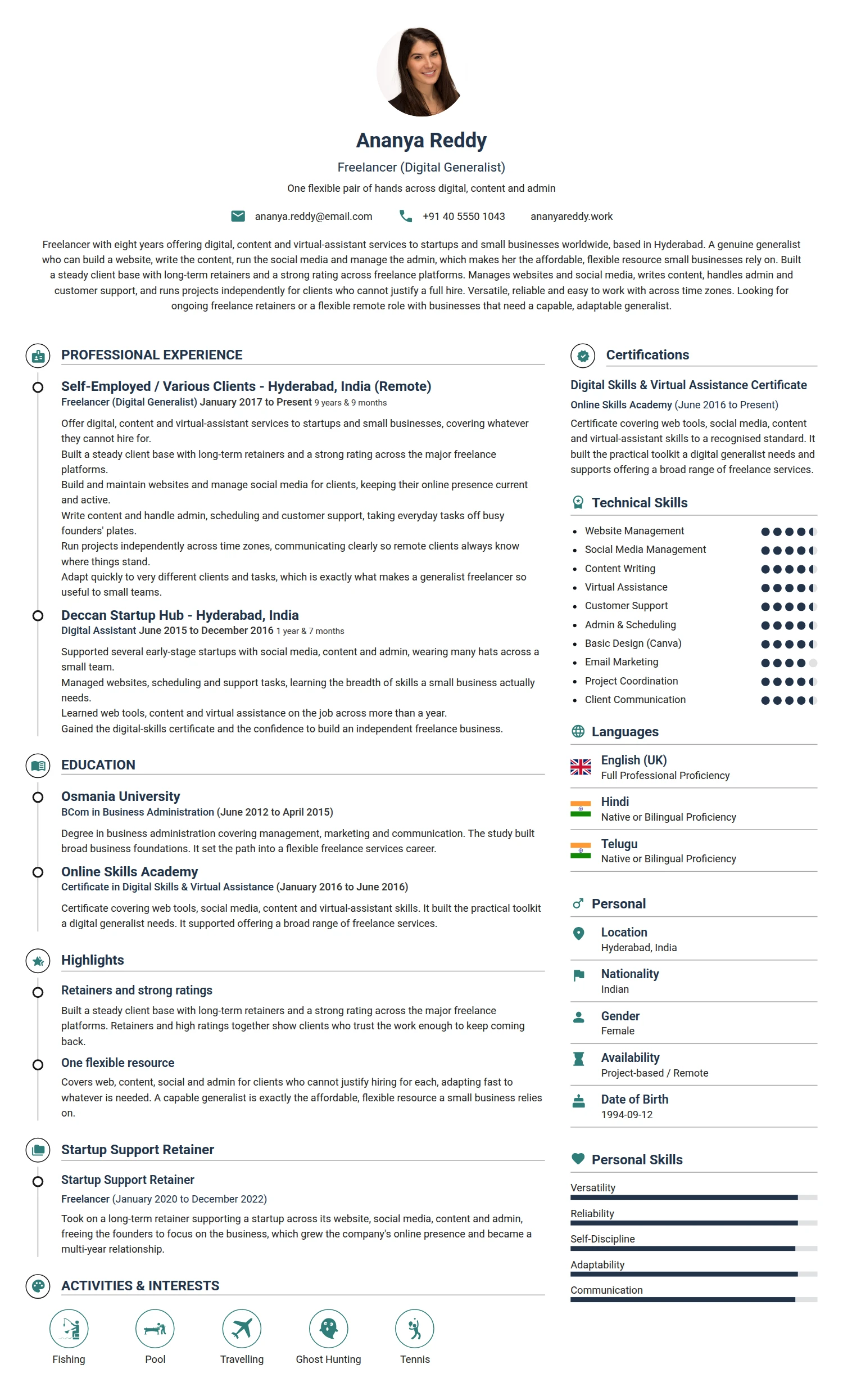 Freelancer resume example — a professionally formatted Software Development & IT CV sample